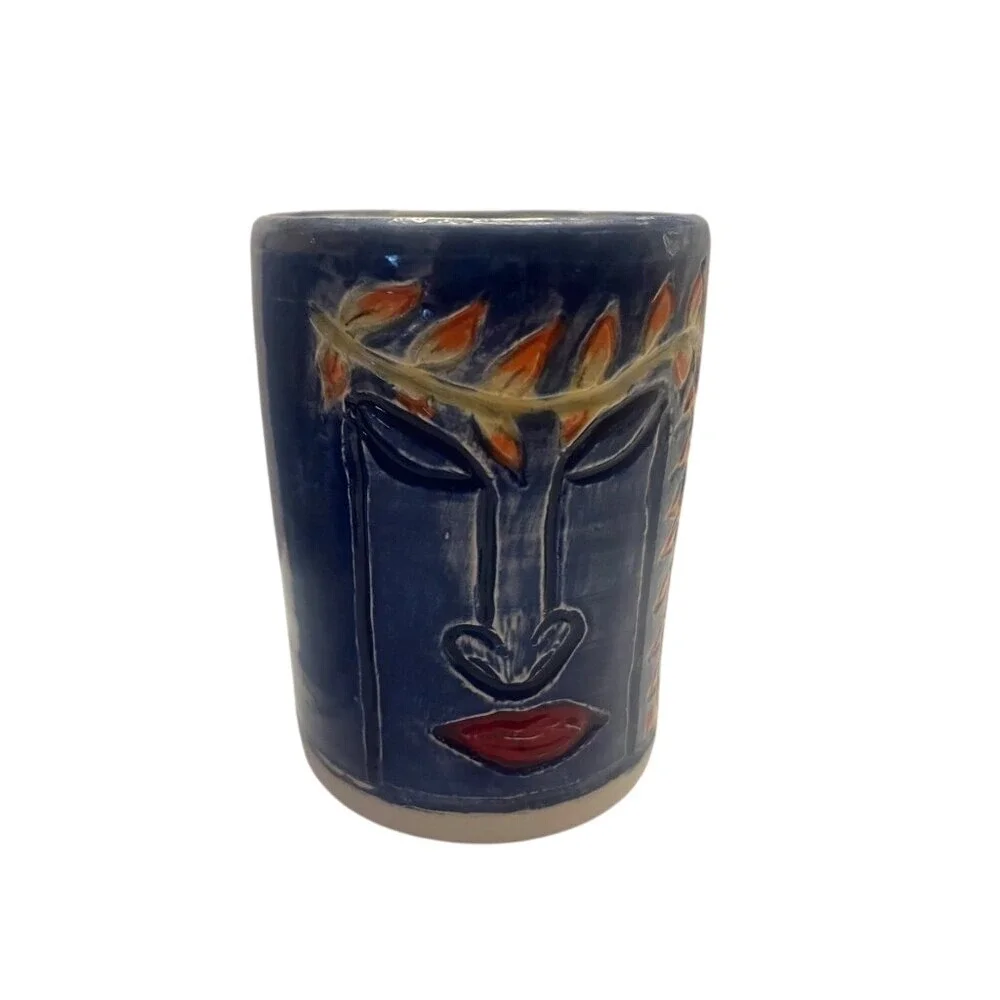 Pair of Hand Painted Wheel‎ Thrown Pottery Tiki Mugs Drinkware Cups